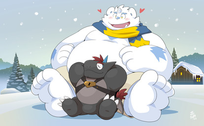 anthro belly big_feet black_body black_scales blush bottomwear chibi clothing duo feet fur male musclegut muscular outside overweight overweight_male scales scarf shirtless shorts snow white_body white_fur takataka anothereidos_of_dragon_vein_r mythology barboros_(anothereidos_r) patty_(anothereidos_r) dragon mythological_creature mythological_scalie scalie yeti