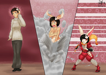 accessory anthro base_one_layout basic_sequence black_hair breasts covering covering_breasts covering_self female hair hair_accessory hairclip human_to_anthro linear_sequence melee_weapon ninja nude one_row_layout open_mouth red_eyes short_hair short_stackification shortstack shrinking simple_background size_transformation smoke solo species_transformation standing surprised three_frame_image three_frame_sequence transformation transformation_sequence warrior weapon wide_hips witchfiend human lagomorph leporid mammal rabbit 2018 sequence