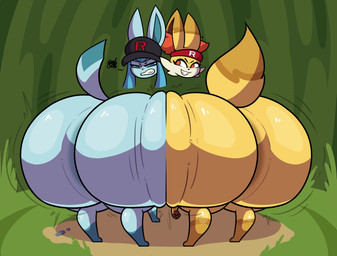 all_fours ambiguous_gender angry ass_to_ass big_butt blue_body blue_eyes butt clothing dipstick_tail duo feral hat headgear headwear huge_butt leg_markings markings orange_eyes smile socks_(marking) tail tail_markings thick_thighs wide_hips yellow_body evilfiendish nintendo pokemon eeveelution fennekin generation_4_pokemon generation_6_pokemon glaceon pokemon_(species) hi_res