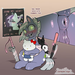 anus blush butt equine_anus eyelashes female feral genitals grey_body knife looking_at_viewer open_mouth plushie puffy_anus pupils quadruped simple_background smile solo tail text thick_thighs vulva cold-blooded-twilight friendship_is_magic hasbro hello_kitty_(series) my_little_pony onegai_my_melody sanrio hello_kitty_(character) kuromi limestone_pie_(mlp) demon equid equine horse lagomorph leporid mammal pony rabbit 1:1 2025 english_text hi_res