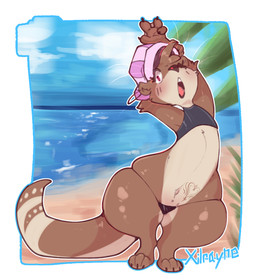 bikini bikini_bottom brown_body brown_fur clothing countershade_fur countershading ear_piercing ear_ring female fur hat headgear headwear piercing pink_clothing pink_eyes pink_hat pink_headwear ring_piercing semi-anthro solo stretching swimwear thick_thighs two-piece_swimsuit whiskers wide_hips xilrayne berry_ranieri mammal mustelid otter