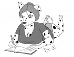 big_breasts big_butt breasts butt female lying slightly_chubby solo writing_text dr_zombie canid canine canis dalmatian domestic_dog mammal june_(disambiguation) monochrome