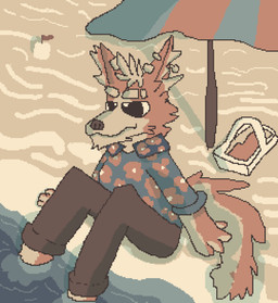 aloha_shirt anthro basket beach blue_clothing blue_shirt blue_topwear bottomwear brown_bottomwear brown_clothing brown_pants clothing container dipping_toe flag fur male orange_body orange_fur pants pattern_clothing pattern_shirt pattern_topwear picnic_basket sand sand_castle sculpture shirt simple_coloring solo topwear umbrella water yellow_body yellow_fur garbage_art fancy_dawg canid canine canis domestic_dog mammal absurd_res digital_media_(artwork) hi_res pixel_(artwork) restricted_palette shaded simple_shading