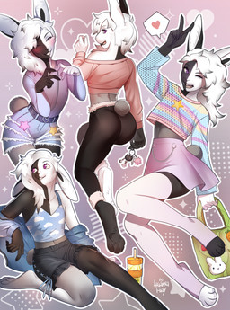 ambiguous_gender anthro blush bottomwear clothed clothing crossdressing femboy fur hair handbag heart_symbol holding_handbag keychain long_hair male midriff multicolored_body multicolored_fur shorts skirt smile solo tight_clothing two_tone_body two_tone_fur ariannafray_pr caylen_(deltafoxtdf) domestic_rabbit harlequin_rabbit lagomorph leporid mammal oryctolagus rabbit 2025 absurd_res hi_res