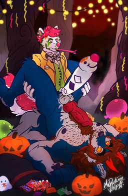 animal_genitalia anthro balloon balls body_hair clown clown_costume clown_makeup clown_nose clown_paint decoration duo expansion genital_expansion genitals glowing glowing_eyes horn inflatable jack-o'-lantern male male/male muscular penis_expansion sheath small_top_big_bottom mrdarknesswolf mythology mrdarknesswolf_(character) canid canine canis demon hybrid mammal mephitid mythological_canine mythological_creature skunk werecanid werecanine werecreature werewolf wolf absurd_res hi_res