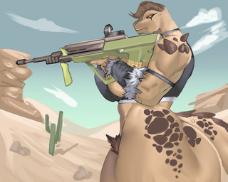 anthro aug_a3 big_breasts big_butt bottomless breasts butt clothed clothing female gun horn huge_breasts huge_butt pubes ranged_weapon side_boob solo tail thick_thighs topwear topwear_only weapon quattrant fallout microsoft deathclaw scalie hi_res