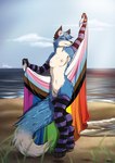 anthro arm_warmers armwear beach blue_body blue_fur breasts clothing countershading female flag flag_(object) flower fur holding_flag holding_object legwear lgbt_pride nipples outside pattern_clothing plant pose pride_color_flag pride_colors progress_pride_colors rainbow_pride_colors seaside solo striped_clothing stripes thigh_highs white_body white_countershading white_fur isuna canid canine mammal hi_res shaded