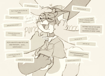anthro ask_blog blush collar disembodied_hand enjoying eyewear glasses greeting hands_everywhere headpat heart_symbol inner_ear_fluff looking_pleasured male open_mouth petting petting_body petting_hair purring speech_bubble text text_box tuft puppeypawbs syrup_(puppeypawbs) calico_cat domestic_cat felid feline felis mammal 2025 english_text hi_res monochrome