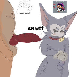 animal_genitalia animal_penis anthro canine_genitalia canine_penis disgust disgusted_expression duo erection feline_genitalia genitals male male/male penis satire toony anonymous_artist brawl_stars supercell_(company) colonel_ruffs_(brawl_stars) kit_(brawl_stars) canid canine felid mammal 1:1 hi_res tagme