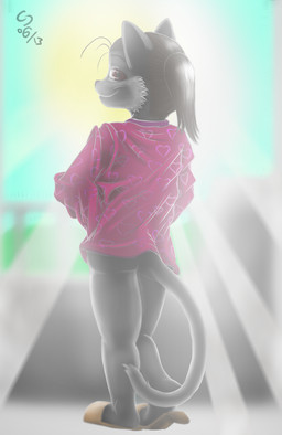 ambiguous_gender anthro black_body black_fur bottomless bright clothed clothing fur heart_symbol looking_at_viewer looking_back solo sun tail yoyofreakcj minka domestic_cat felid feline felis mammal 2013 digital_media_(artwork) full-length_portrait hi_res portrait