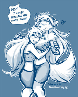 anthro blue_background blush chest_tuft clothed clothing dialogue duo embarrassed eyes_closed female fluffy hair heart_symbol hug interrobang larger_female long_hair midriff nuzzling open_mouth simple_background size_difference skimpy smaller_female smile square_crossover text tuft yelling conditional_dnp tom_fischbach twokinds raine_silverlock canid canine canis human keidran mammal wolf 2017 adobe_photoshop_(artwork) blue_and_white digital_media_(artwork) english_text monochrome sketch