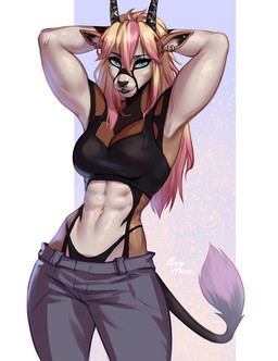 abs anthro athletic athletic_female athletic_wear big_breasts black_body black_fur blonde_hair blue_eyes bottomwear bottomwear_down bra breasts brown_body brown_fur cleavage clothed clothing ear_piercing facial_piercing female fur glistening glistening_abs glistening_body glistening_hair grin hair hands_behind_head horn long_hair looking_at_viewer muscular muscular_female navel nose_piercing nose_ring panties pants pants_down partially_clothed piercing pink_hair ring_piercing simple_background small_waist smile solo sports_bra tail teeth topwear underwear white_body white_fur annham victoria_(wyverexad) antelope bovid grazing_antelope mammal oryx 2025 hi_res