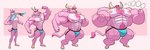 abs anthro armpit_hair big_muscles big_pecs body_hair bulge clothed clothing facial_piercing flexing fur growth hair hooves horn huge_muscles jockstrap male muscle_growth muscular muscular_anthro muscular_male nipples nose_piercing nose_ring pecs piercing pink_body pink_fur pink_hair ring_piercing species_transformation topless transformation underwear lizard_soup bovid bovine caprine cattle goat mammal absurd_res comic hi_res