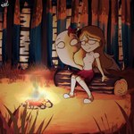 autumn birch_tree breasts campfire clothed clothing duo female female/female fire forest grass log looking_relieved not_furry plant relaxing tree wood beep! don't_starve klei_entertainment abigail_carter wendy_carter ghost human mammal spirit 1:1 hi_res