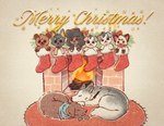 anthro feral fireplace fur holidays markings sleeping sockings spots spotted_body spotted_fur toy niichan christmas adam_(spottyadam) jakey_(jakeypup) kayden_(justafoxboi) mathis_(7intandadream) octavian_(7intandadream) anubian_jackal bear canid canine canis domestic_dog fox jackal mammal poodle wolf hi_res