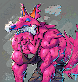 anthro bite black_clothing black_shirt black_tank_top black_topwear blue_body blue_fur bodily_fluids bone bottomwear clothing ears_up fangs fur male muscular muscular_anthro muscular_arms muscular_male pants pecs pinata pink_body pink_fur red_sclera saliva shirt solo sweatpants tail tail_motion tailwag tank_top teeth topwear tufted_fur its_coldpizza epic_games fortnite andy_fangerson animate_inanimate canid canine canis living_pinata mammal wolf absurd_res hi_res