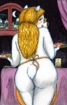 anthro apron apron_only blonde_hair butt candle clothing dinner female food fur hair mature_anthro mature_female mostly_nude night rear_view scut_tail short_tail slightly_chubby solo tail tongue tongue_out white_body white_fur paul_lucas paloma bear mammal polar_bear ursine traditional_media_(artwork)