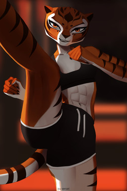 abs anthro black_bottomwear black_clothing black_shorts black_topwear bottomwear brown_nails brown_nose brown_stripes clothed clothing colored_nails eyelashes female front_view fur looking_at_viewer nails navel on_one_leg orange_body orange_eyes orange_fur raised_leg shorts smile solo standing stripes thick_thighs topwear white_body white_fur wide_hips senari dreamworks kung_fu_panda master_tigress felid mammal pantherine tiger absurd_res hi_res