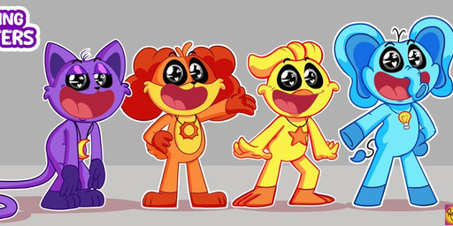 anthro blue_body group male orange_body purple_body yellow_body rocketlennon mob_entertainment poppy_playtime smiling_critters bubba_bubbaphant catnap_(poppy_playtime) dogday_(poppy_playtime) kickinchicken avian bird canid canine canis chicken domestic_cat domestic_dog elephant elephantid felid feline felis galliform mammal phasianid proboscidean model_sheet