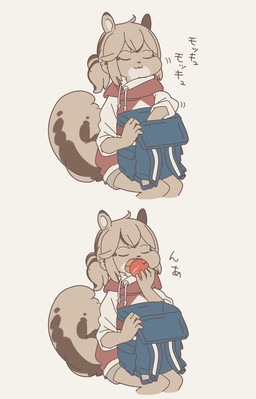 ahoge anthro apple backpack biped bottomwear clothed clothing eating eyes_closed female fluffy fluffy_tail food fruit fur hair holding_food holding_object hoodie kemono markings open_mouth plant ponytail puffed_cheeks shorts simple_background sitting smile solo sound_effects striped_body striped_fur striped_hair striped_markings striped_tail stripes tail tail_markings tan_body tan_fur tan_hair text topwear yagi_the_goat mammal rodent sciurid tree_squirrel 2018 comic hi_res japanese_text