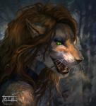 anthro black_lips black_nose brown_hair clothed clothing fangs female forest fur green_eyes hair lips lockpick long_hair open_mouth orange_body orange_fur plant sharp_teeth solo stripes teeth text tree whiskers white_stripes tatiilange felid mammal pantherine tiger hi_res url