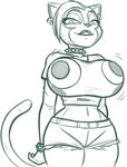 2024 anthro big_breasts biped black_and_white bottomwear bracelet breasts bulging_breasts bulging_smiley_shirt_meme clothed clothed_anthro clothed_female clothing collar cooch_(supermansion) digital_drawing_(artwork) digital_media_(artwork) domestic_cat ear_piercing ear_ring emoji_clothing eyebrows eyelashes felid feline felis female fingers flustered_face_emoji flustered_face_emoji_t-shirt fully_clothed fully_clothed_anthro fully_clothed_female hair half-closed_eyes hotpants huge_breasts iris jewelry legs_together lips looking_at_viewer low-angle_view mammal meme meme_clothing midriff monochrome motion_lines motion_outline narrowed_eyes navel no_pupils piercing portrait prick_ears redout ring_piercing shirt short_hair shorts side_cut smile smiling_at_viewer solo spiked_bracelet spiked_collar spikes standing supermansion t-shirt tail thick_thighs three-quarter_portrait topwear wide_hips