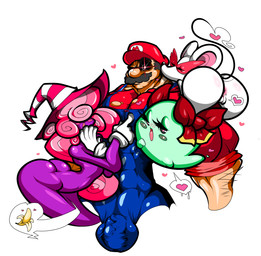 accessory anus banana big_butt bisexual blush blush_stickers bow_(feature) bow_accessory bow_ribbon bulge butt clothed clothing curly_hair erection facial_hair female food fruit genitals gesture gloves group hair hair_accessory hair_bow hair_ribbon handwear harem hat headgear headwear heart_eyes heart_reaction heart_symbol legless looking_back male male/female male/male manly muscular mustache not_furry_focus overalls penis pink_hair plant pupils purple_body ribbons simple_background star_eyes suggestive symbol-shaped_eyes symbol-shaped_pupils tail tail_gesture tail_heart text text_on_clothing text_on_hat text_on_headwear unusual_eyes unusual_pupils vulva white_background white_clothing white_gloves white_handwear witch_hat darth_saburou mario_bros nintendo paper_mario lady_bow mario ms._mowz vivian_(mario) boo_(mario) ghost human humanoid little_mouser mammal mouse murid murine rodent shadow_siren spirit 2013 digital_media_(artwork) hi_res trans_(lore) trans_woman_(lore)