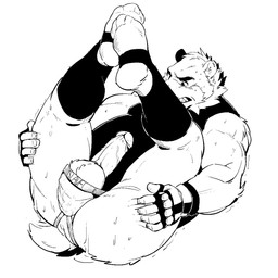 anthro balls big_muscles butt clenched_teeth clothing erection eyebrows footwear genitals gloves handwear humanoid_genitalia humanoid_penis jockstrap legwear male mostly_nude muscular muscular_anthro muscular_male penis quads socks solo teeth underwear vein veiny_penis miharushoka bear mammal 1:1 aliasing digital_media_(artwork) hi_res monochrome