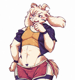 anthro blush bottomwear bulge clothed clothing crop_top femboy fur horn jacket male midriff muscular muscular_male pecs shirt shorts solo topwear white_body white_fur aphrodi1212 undertale undertale_(series) asriel_dreemurr_(god_form) bovid caprine goat mammal hi_res