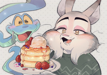 anthro blush duo feral food fruit fur grey_body grey_fur kemono male male/male pancake plant smile strawberry obake_ha_inaiyo disney zootopia gary_de'snake pawbert_lynxley canada_lynx felid feline lynx mammal pit_viper reptile scalie snake viper