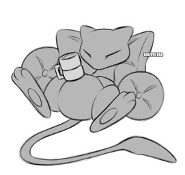 ambiguous_gender belly container cup eyes_closed featureless_crotch feral long_tail lying mug on_back pawpads paws pear-shaped_figure pillow relaxing semi-anthro simple_background solo tail text white_background wide_hips digivolvar nintendo pokemon generation_1_pokemon legendary_pokemon mew_(pokemon) pokemon_(species) absurd_res artist_name digital_drawing_(artwork) digital_media_(artwork) greyscale hi_res monochrome sketch