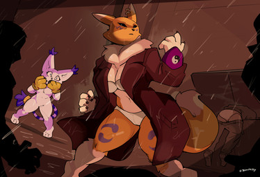 accessory anthro big_breasts black_sclera blue_eyes bra breasts cleavage clothed clothed_female clothing coat dipstick_ears dipstick_tail ear_markings ear_piercing ear_ring ear_tuft featureless_breasts featureless_crotch female fluffy fluffy_tail fur furgonomics gloves group handwear jewelry markings multicolored_body multicolored_ears multicolored_fur navel panties piercing purple_clothing purple_gloves purple_handwear purple_tail_tuft raining ring ring_piercing tail tail_accessory tail_jewelry tail_markings tail_ring tail_tuft topwear trenchcoat tuft two_tone_body two_tone_fur underwear white_body white_fur white_tail_tip yellow_body yellow_clothing yellow_fur yellow_gloves yellow_handwear zinnick bandai_namco digimon canid digimon_(species) gatomon human mammal renamon 2025 absurd_res hi_res story story_in_description