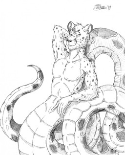 anthro apode clenched_teeth fur half-closed_eyes hand_behind_head leaning leaning_backward legless looking_at_viewer male narrowed_eyes nude pose scales serpentine smile smiling_at_viewer solo split_form teeth whiskers marcushunter kujura_(character) cheetah draconcopode felid feline hybrid lamia mammal reptile scalie snake 2019 hi_res monochrome signature