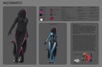 absurd_res anthro clothing color_swatch dinosaur dromaeosaurid english_text female genitals hi_res incognito lovemummification model_sheet nipples nude pinup pose pussy reptile scalie skinsuit smile solo text theropod tight_clothing velociraptor