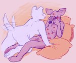 all_fours anthro blush covering covering_face duo faceless_character female female/female flustered hand_on_face kiss_mark lying nervous on_back pillow shaking simple_background tail tail_motion tailwag trembling squishysheepie canid canine canis chihuahua domestic_dog mammal toy_dog hi_res