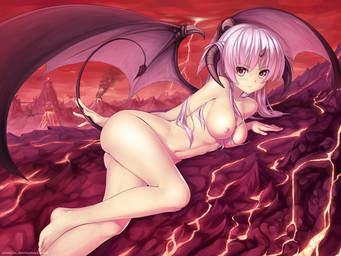 barefoot breasts butt electricity feet female hair hell hindpaw horn lightning looking_at_viewer lying membrane_(anatomy) membranous_wings navel nipples not_furry nude on_side paws pink_hair solo spade_tail tail volcano wings atom-ix demon hi_res