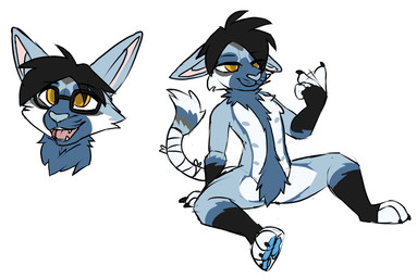 anthro bandage bandaged_tail biped black_claws black_hair blue_body blue_ears blue_fur blue_nose blue_pawpads blue_tail body_hair cheek_tuft chest_tuft claws crotch_tuft eyewear facial_tuft fangs fur glasses grey_body grey_fur grey_tail hair happy_trail male neck_tuft open_mouth orange_eyes pawpads pink_inner_ear pink_tongue rectangular_glasses sitting smile solo spread_legs spreading tail teeth tongue tuft white_body white_fur white_tail martinballamore taro_(snowypaws) domestic_cat felid feline felis mammal hi_res