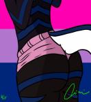 ambiguous_gender anthro biped bisexual_pride_colors black_body black_fur blue_body blue_fur bottomwear butt clothed clothing fur lgbt_pride multicolored_body multicolored_fur panties pride_color_background pride_colors rear_view shorts simple_background solo standing stripes topless underwear white_body white_fur oliverthead rcfox canid canine fox mammal 2015 hi_res