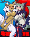 anthro antlers big_breasts blush breasts brown_body brown_fur clothed clothing cosplay costume crossgender crossover_cosplay duo female female/female fur grey_body grey_fur horn looking_at_viewer looking_away mtf_crossgender navel open_mouth skimpy spread_legs spreading desertkaiju beastars kill_la_kill studio_trigger junketsu legoshi_(beastars) louis_(beastars) senketsu canid canine canis deer kamui_(kill_la_kill) mammal wolf absurd_res crossover digital_media_(artwork) hi_res