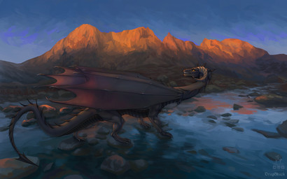 back_spikes black_body blue_sky fantasy feral hill horn landscape male membrane_(anatomy) membranous_wings mountain nature nature_background orange_eyes river rock sky solo spiked_tail spikes spikes_(anatomy) standing sunset tail water wings drugstuck ocelotka mythology viel dragon mythological_creature mythological_scalie scalie 16:10 artist_collaboration digital_media_(artwork) full-length_portrait portrait widescreen