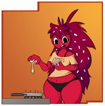 anthro breasts clothed clothing cooking cookware egg electronics female frying_pan hair kitchen_utensils panties phone red_body thick_thighs tools underwear wide_hips king_of_sorrow_(artist) happy_tree_friends flaky_(htf) mammal porcupine rodent