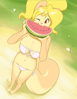 3_toes anthro barefoot big_breasts bikini biped blonde_hair breasts brown_eyes clothed clothing dutch_angle eating feet female flower food foreshortening front-tie_top fruit fur grass hair looking_at_viewer melon nom one_eye_closed outside plant ponytail sand side-tie_bikini skimpy solo string_bikini swimwear tail tan_body tan_fur toes two-piece_swimsuit watermelon watermelon_slice miu cream_(miu) mammal rodent sciurid tree_squirrel 2011 yellow_theme