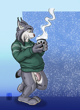 3_toes 4_fingers abstract_background anthro balls barefoot beverage black_body black_ear_tips black_eyebrows black_fur black_markings black_tail_tip black_tuft blue_background bottomless bottomless_anthro bottomless_male casual_exposure claws closed_smile clothed clothed_anthro clothed_male clothing container countershade_face countershade_feet countershade_hands countershade_legs countershade_torso countershading cup dipstick_ears dipstick_tail ear_markings ear_tuft eyebrows feet finger_claws fingerpads fingers flaccid foreskin fur genitals green_clothing green_sweater green_topwear grey_body grey_ears grey_fur grey_tail holding_beverage holding_container holding_cup holding_object humanoid_genitalia humanoid_penis inner_ear_fluff iris looking_at_object looking_down male male_anthro markings mouth_closed multicolored_body multicolored_ears multicolored_fur on_one_leg pawpads penis pink_nose pink_pawpads pink_penis plantigrade plantigrade_pawpads pupils short_tail simple_background smile solo standing steam sweater sweater_only tail tail_markings three-quarter_view toe_claws toes topwear topwear_only tuft unretracted_foreskin whiskers white_balls white_body white_claws white_countershading white_fur white_inner_ear white_inner_ear_fluff white_sclera white_tuft garo_(artist) disney zootopia pawbert_lynxley canada_lynx felid feline lynx mammal 2025 absurd_res colored digital_media_(artwork) english_description full-length_portrait hi_res line_art portrait shaded