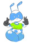 :3 antennae_(anatomy) anthro blue_markings breasts clothing crop_top facial_markings female fishnet_clothing fishnet_legwear gesture gloves_(marking) green_clothing green_shirt green_topwear grey_body hand_gesture head_markings legwear markings mask_(marking) navel shirt simple_background slightly_chubby slightly_chubby_female solo thick_thighs topwear v_sign white_background white_eyes wide_hips elpatrixf ball2_(elpatrixf) animate_inanimate ant arthropod hybrid hymenopteran insect 2021 portrait three-quarter_portrait