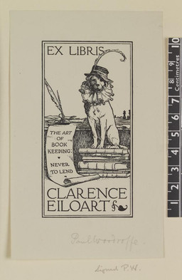 ambiguous_gender book bookplate clothing feral fur hat hat_feather headgear headwear historical historical_dress inkwell looking_at_viewer loose_feather measurements quill ruff_(clothing) scroll solo tail text paul_vincent_woodroffe canid canine canis domestic_dog mammal english_text handwritten_text monochrome signature traditional_media_(artwork)