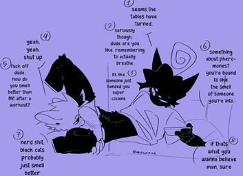 anthro black_body black_fur black_hair blush blush_lines bodily_fluids bulge clothed clothed_male clothing crotch_sniffing detailed_bulge dialogue duo ear_piercing electronics face_in_crotch fur furniture genital_outline hair hand_on_butt holding_object holding_phone looking_at_another looking_at_partner lying male male/male musk narrowed_eyes navel on_side penis_outline phone piercing profanity shirt simple_background slim slim_male sniffing sofa speech_bubble spread_legs spreading sweat sweatdrop t-shirt text topwear underwear nerunaur noir_(noirzvault) vanille_(noirzvault) domestic_cat felid feline felis mammal 2026 signature