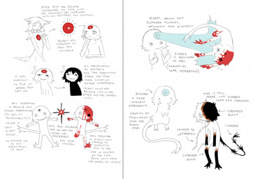amputated_leg amputee black_clothing black_hair black_shirt black_tail black_topwear blood_on_arm blood_on_head blood_on_leg blue_gem blush blush_stickers clothing disability dot_eyes double_middle_finger eyes_closed female feral forehead_gem forehead_mark fur gem gesture gloves_(marking) group hair hand_gesture information leg_markings lore male markings middle_finger missing_leg mouth_closed open_mouth open_smile red_gem shirt short_hair simple_background simple_eyes smile socks_(marking) solid_circle_eyes tail text topwear white_background white_body white_fur white_tail jejejunum ember_(jejejunum) pest_(jejejunum) secret_(jejejunum) fraid_(species) humanoid spirit 2026 digital_drawing_(artwork) digital_media_(artwork) english_text hi_res