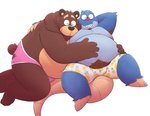 anthro belly black_nose blue_body brown_body brown_fur bulge clothing cuddling duo eyes_closed fur hug male male/male overweight overweight_male pattern_clothing pattern_underwear simple_background underwear white_background leothelionel the_human_heart_(game) cade_maplebottom dylan_ramos bear eulipotyphlan mammal mole_(animal) 2020