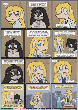 anthro asylum black_hair blonde_hair blue_eyes blush chair clothed clothing detailed_background dialogue duo_focus female floppy_ears furniture group hair hospital inside long_hair lop_ears medical office_chair padded_room pivoted_ears restraints scrubs straitjacket text the_padded_room background_character esmeralda_kingsley ludivine_laminelle canid canine mammal procyonid raccoon absurd_res comic english_text hi_res