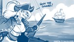 anthro breasts cleavage clothed clothing coat cutlass dialogue female gesture hand_gesture hat_feather headgear headwear holding_melee_weapon holding_object holding_sword holding_weapon loose_feather melee_weapon open_clothing open_coat open_mouth open_smile open_topwear pirate pirate_hat pirate_outfit pointing sailing_ship sailing_watercraft sea ship smile solo sword text topwear vehicle water watercraft weapon conditional_dnp tom_fischbach twokinds captain_jenny_(twokinds) canid canine fox keidran mammal 2024 7:4 adobe_photoshop_(artwork) blue_and_white digital_media_(artwork) english_text hi_res monochrome sketch